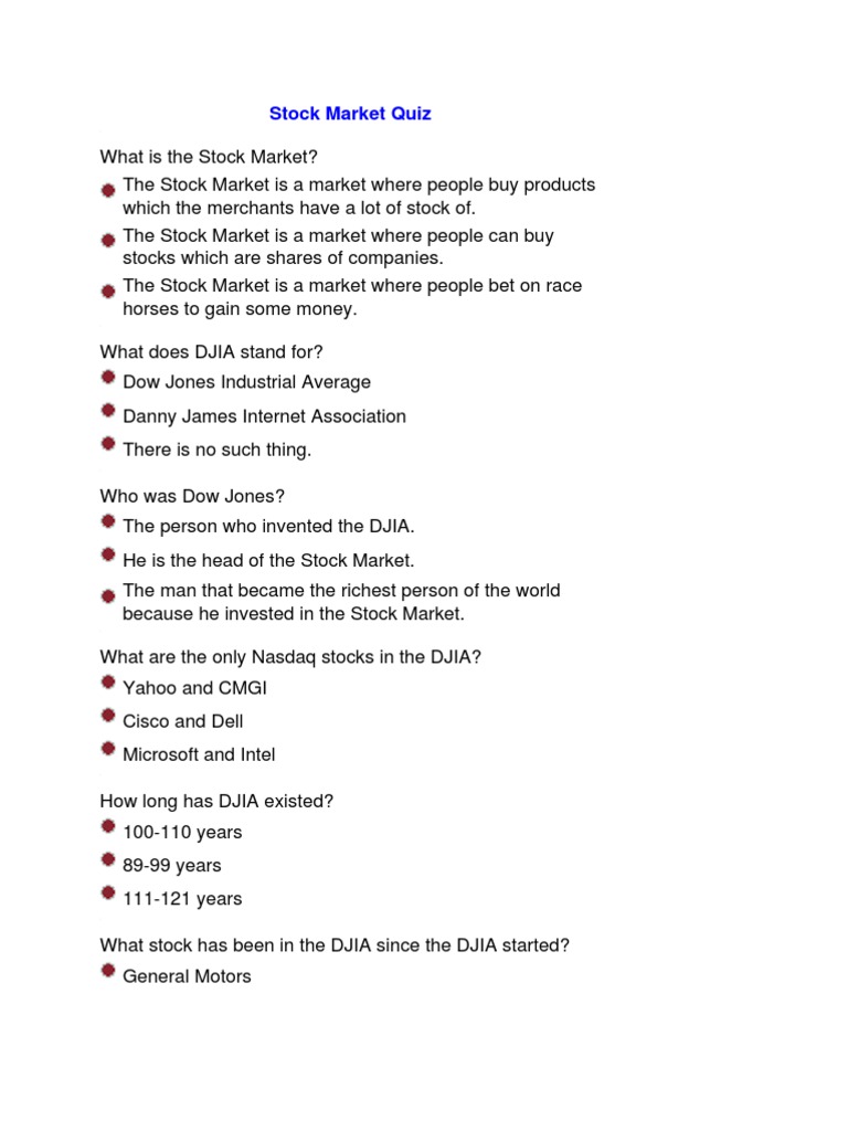 Stock Market Quiz PDF Dow Jones Industrial Average New York Stock