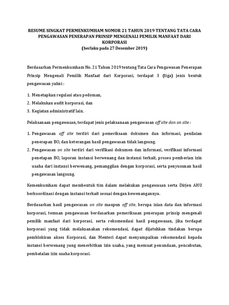 Resume singkat permenkumham nomor 21 tahun 2019 pdf