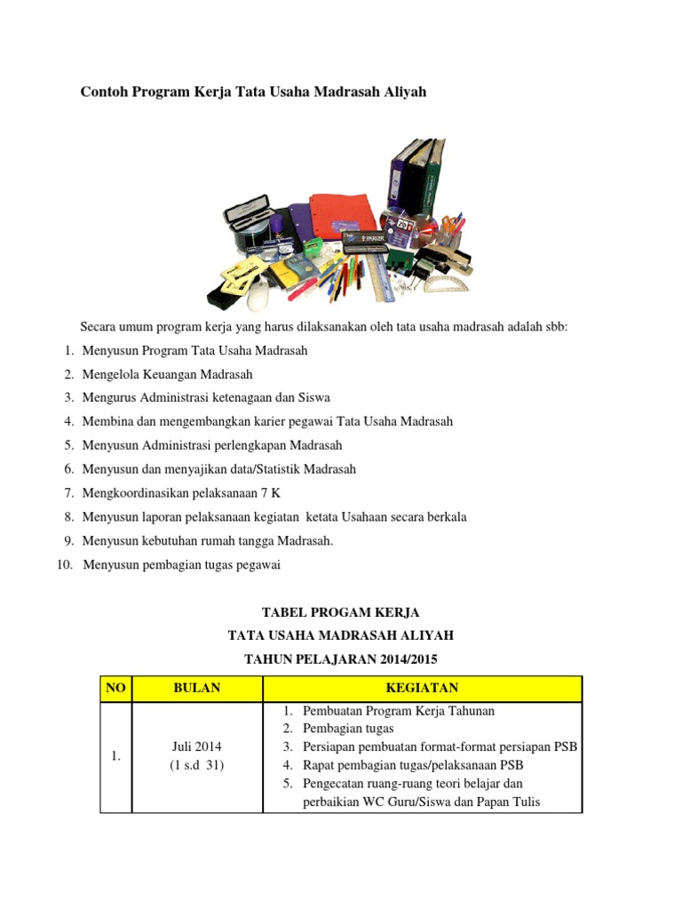 Contoh Program Kerja Tata Usaha Madrasah Aliyah | PDF