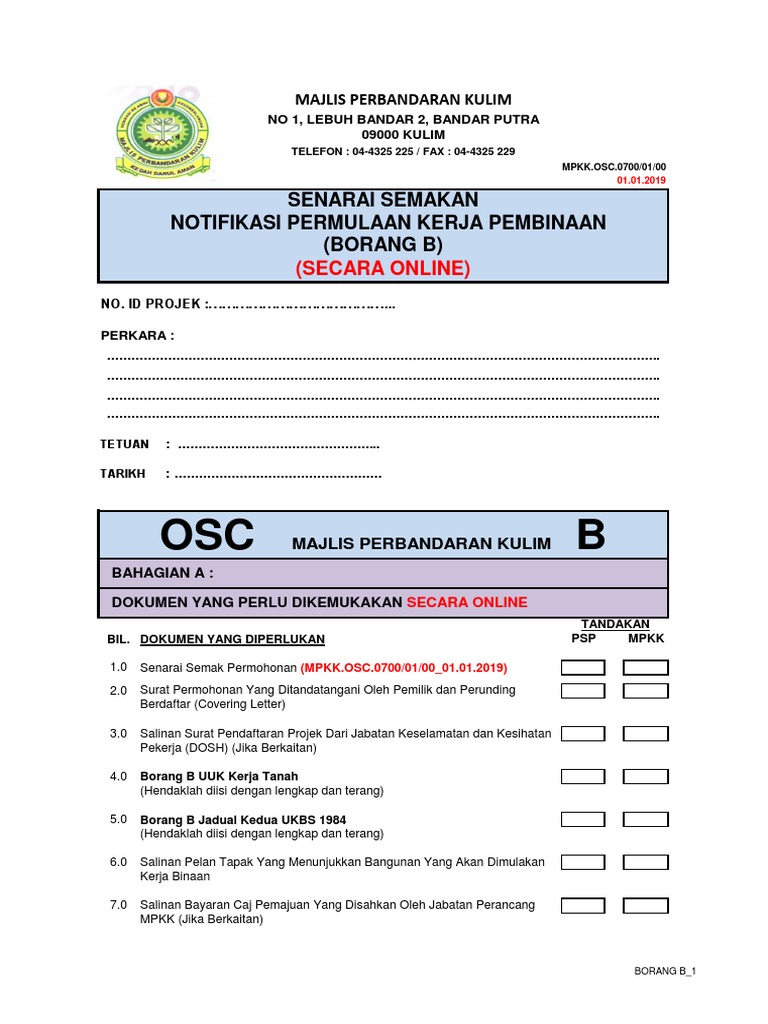 Senarai Semak Notifikasi Memulakan Kerja Borang B Pdf