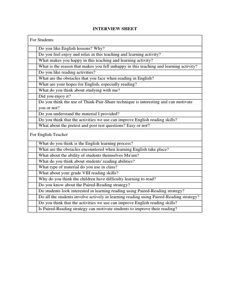 interview observation sheet for english classroom action research ...