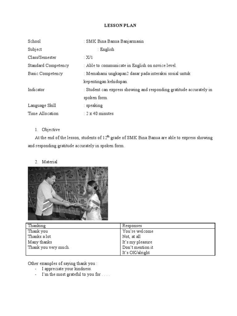 Lesson Plan Smk X Expressing And Showing Gratitude Gratitude Education Theory