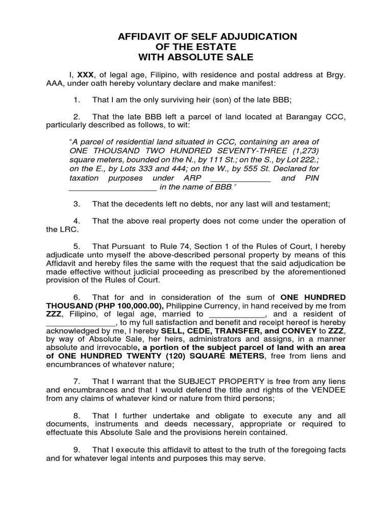 Affidavit of Self Adjudication With Sale PDF Affidavit Common Law