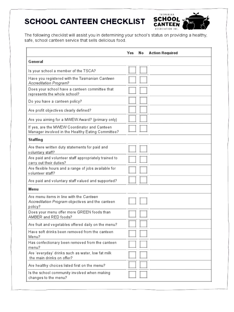 School Canteen Checklist PDF Menu Foods