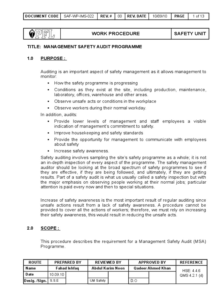 Management Safety Audit Programme | PDF | Safety | Employment