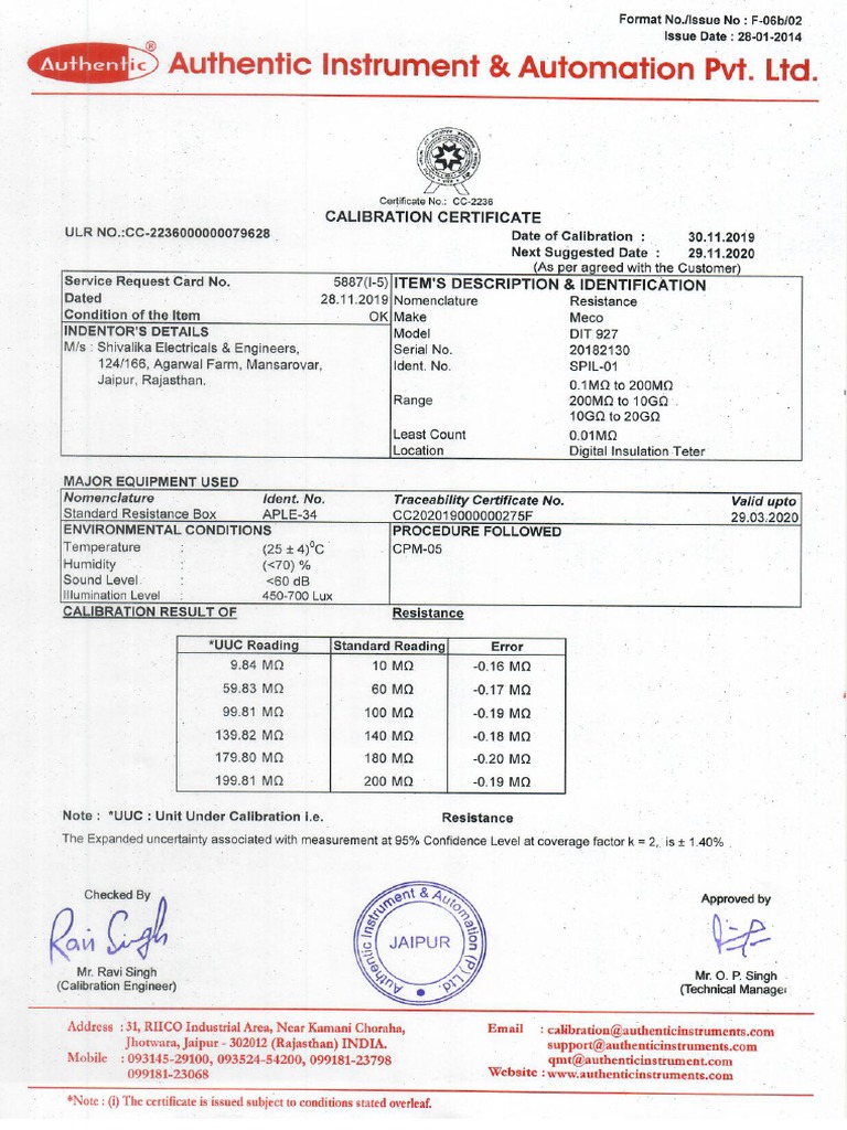 Calibration Certificate Magger & Lux Lavel. PDF