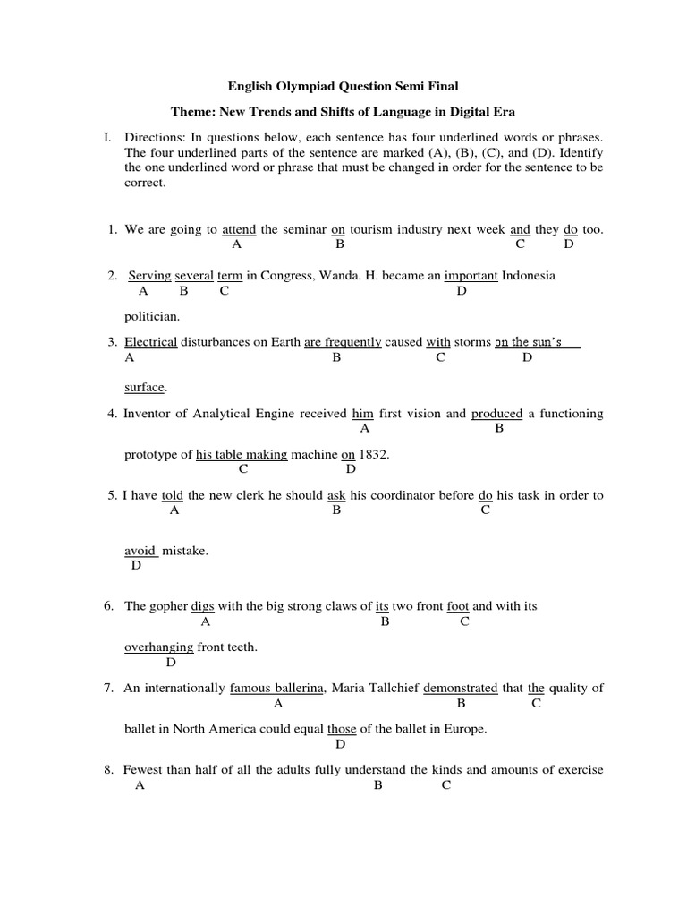 English Olympiad Semi-Final Questions | PDF | English Language | Teachers