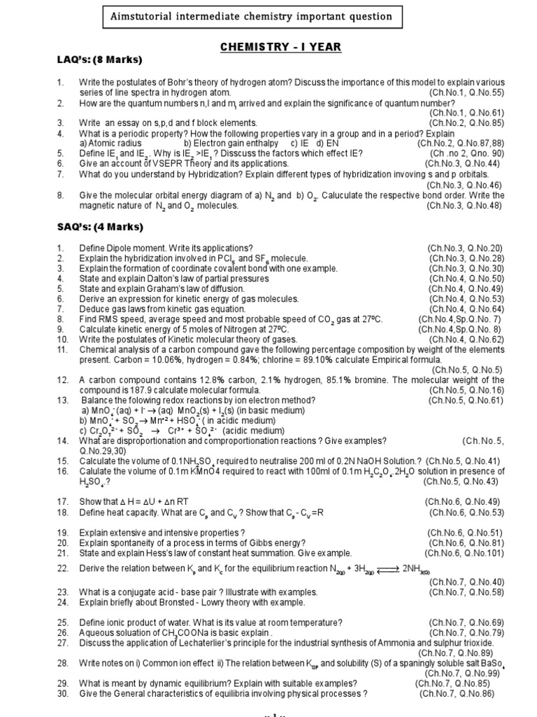 1st Year Chemistry Important Questions PDF Molecules Methane