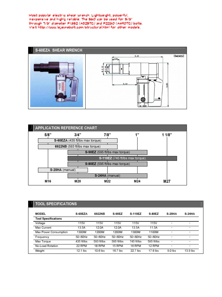Specifications and Parts List for the Lejeune Bolt S60EZA Shear Wrench