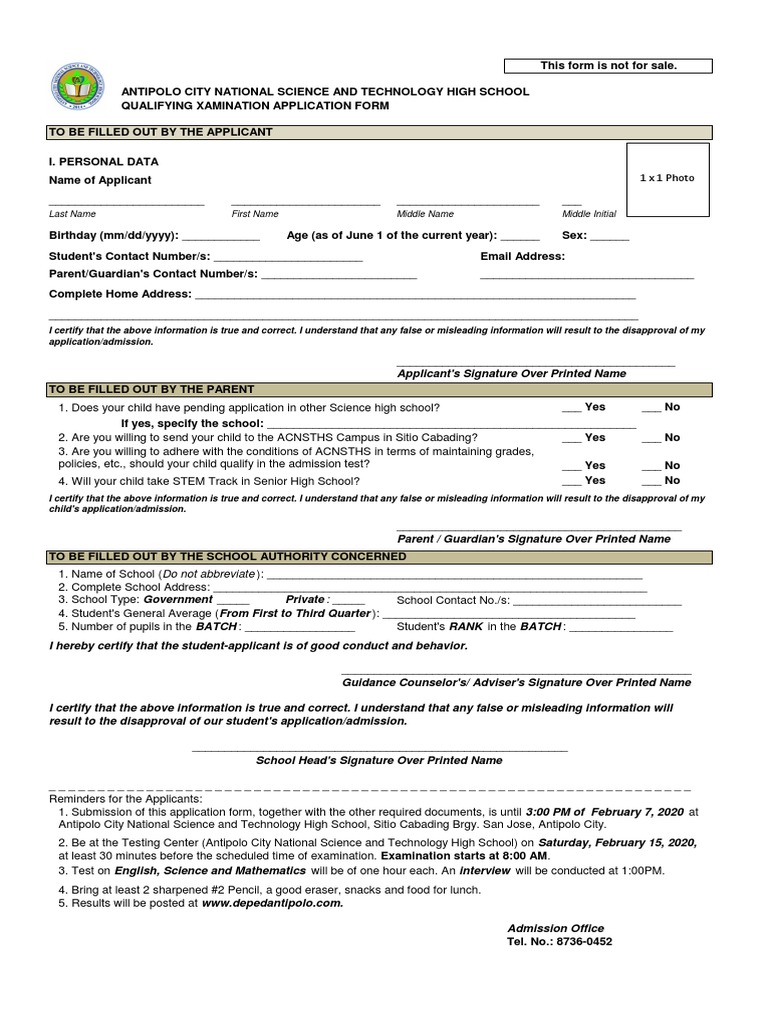 Application Form For Incoming Grade 7 | Download Free PDF | University ...
