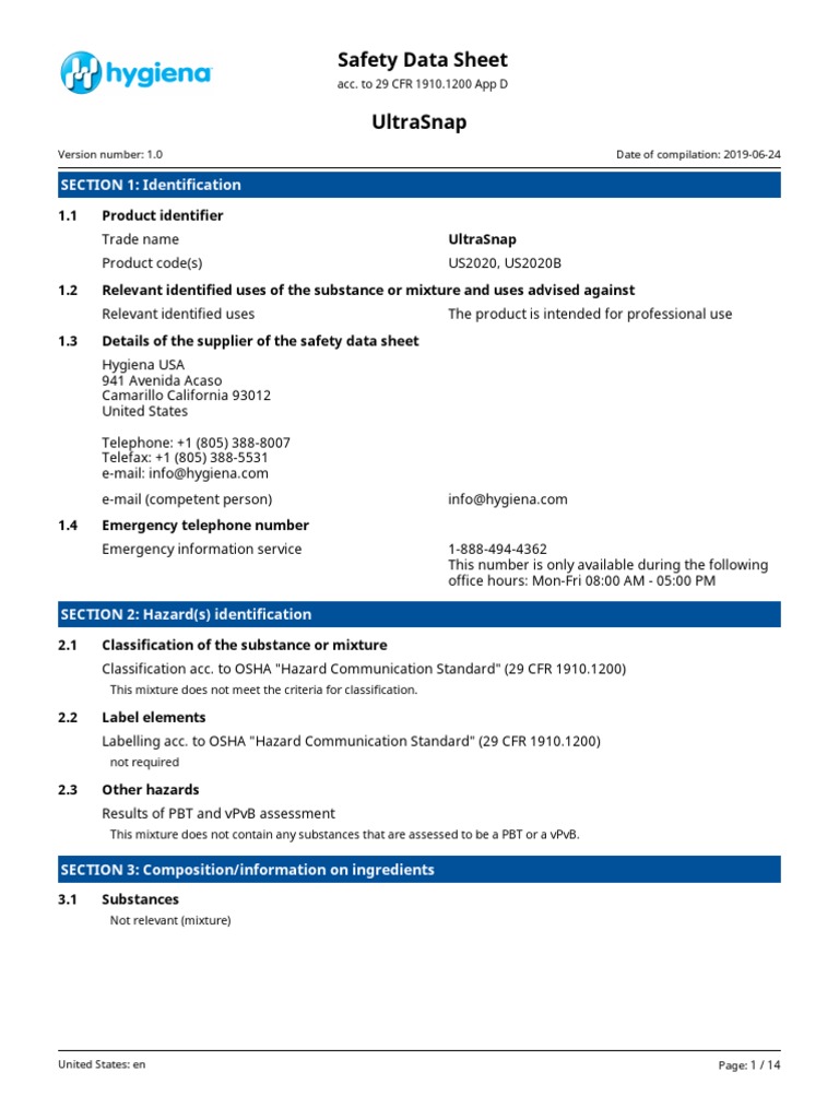 SDS UltraSnap US en 1 - 0 | PDF | Dangerous Goods | Toxicity