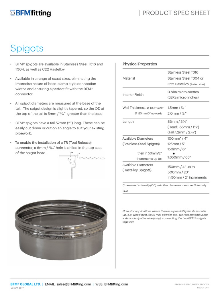 Spigot Product Spec Sheet PDF Materials Building Engineering