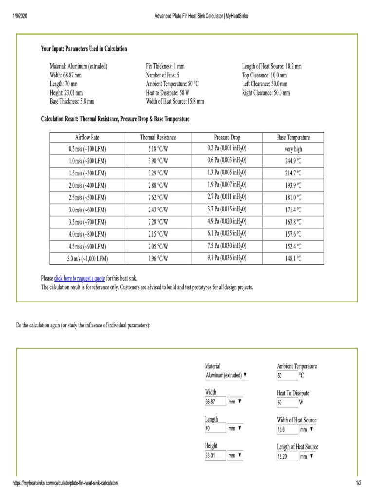 Advanced Plate Fin Heat Sink Calculator MyHeatSinks PDF Nature