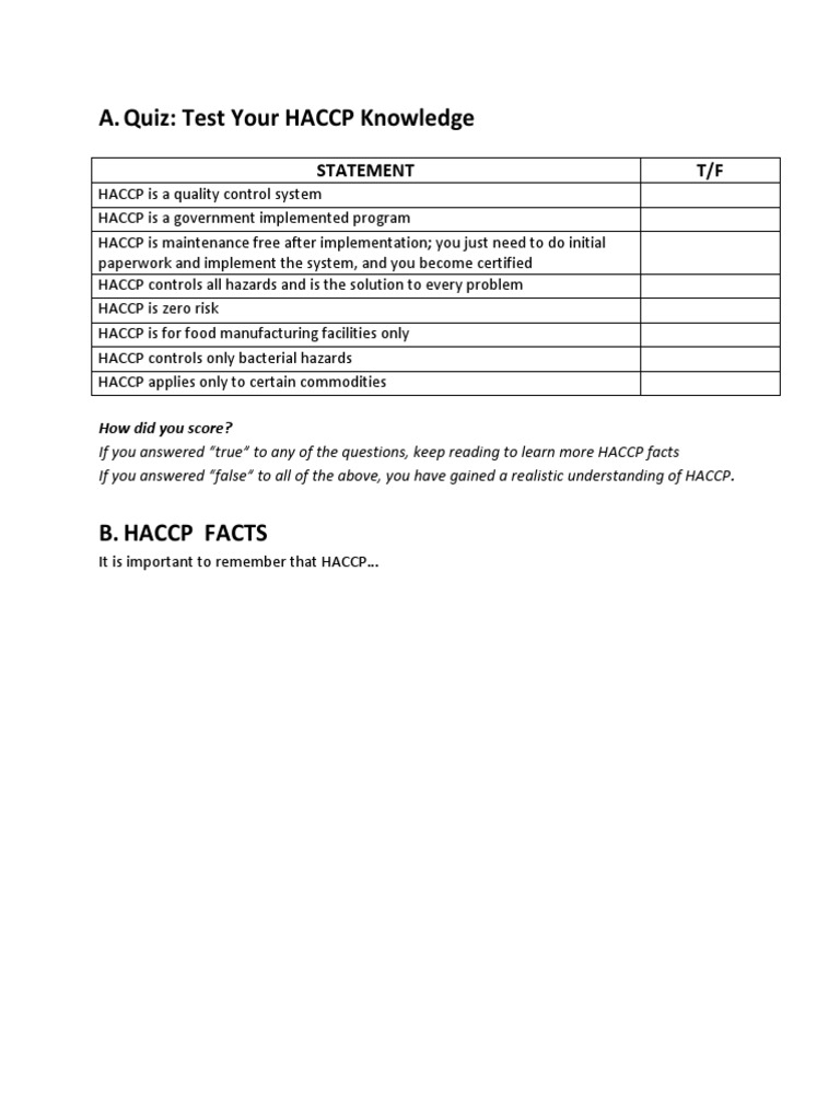 Haccp Quiz PDF Hazard Analysis And Critical Control Points Food