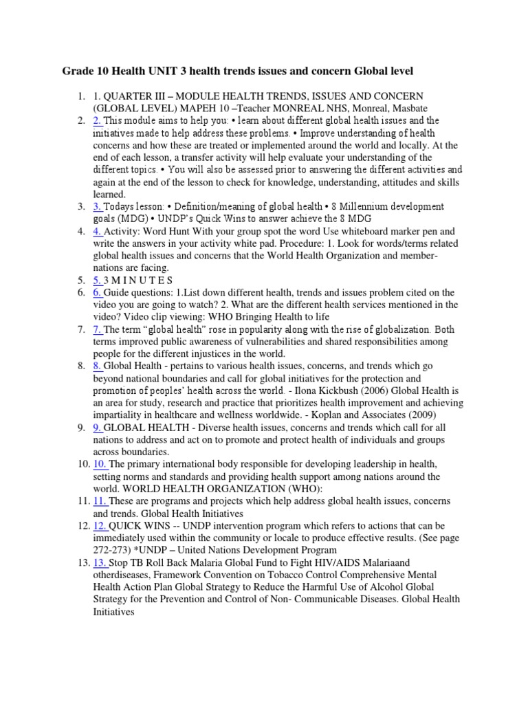Grade 10 Health UNIT 3 Health Trends Issues and Concern Global Level