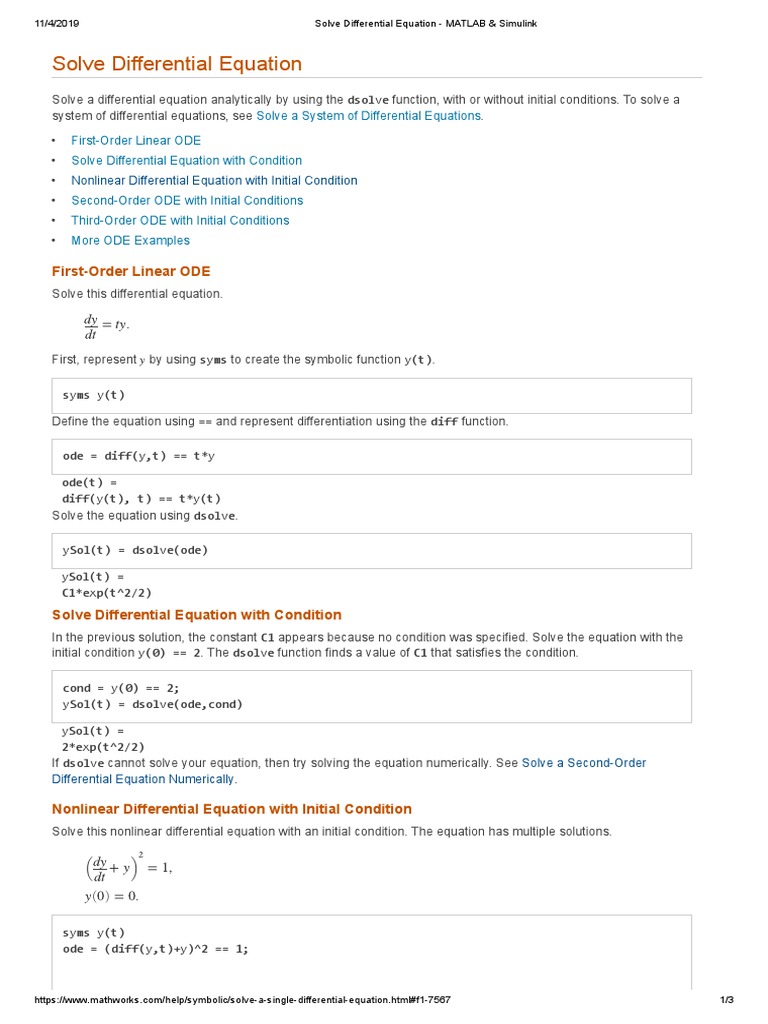 MATLAB ODE Solutions Guide | PDF | Ordinary Differential Equation ...