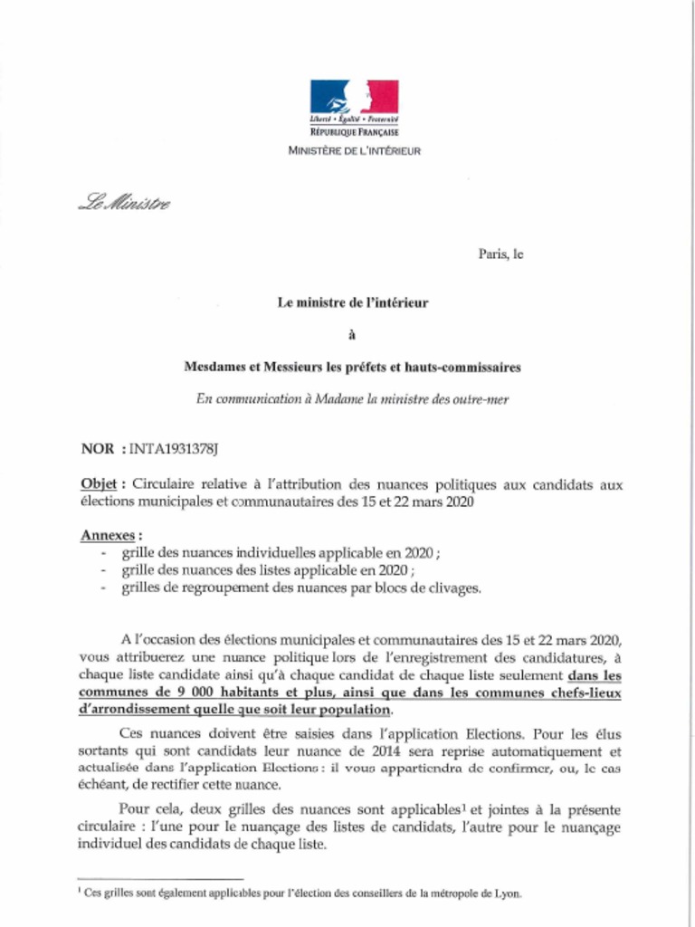 [DOCUMENT PUBLICSENAT.FR] Circulaire du ministère de l'Intérieur sur l'attribution de nuances