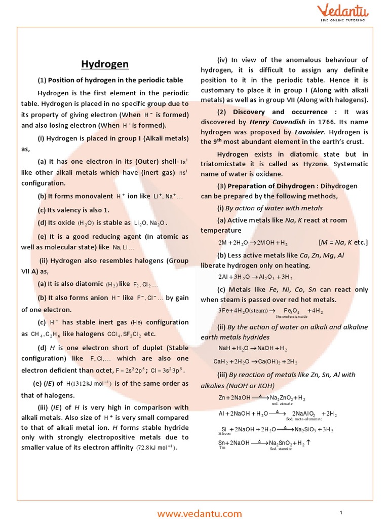 Class 11 Hydrogen Notes Summary | PDF | Hydride | Hydrogen
