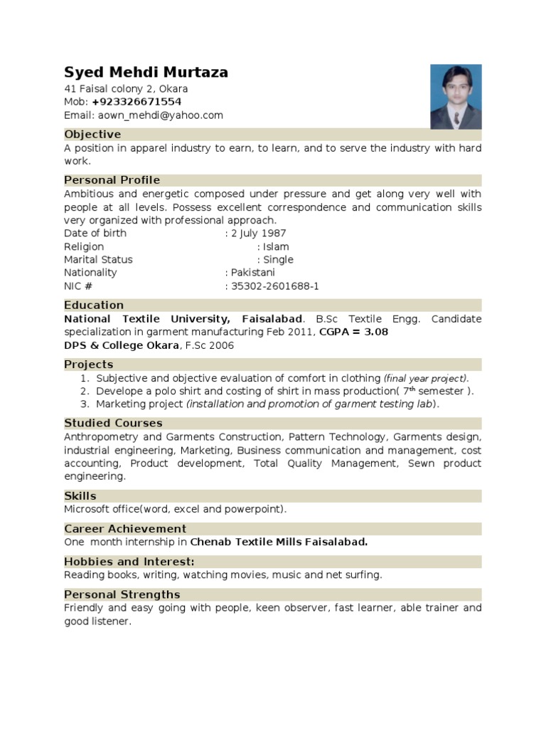 Textile Engineering Resume of Syed Mehdi | PDF