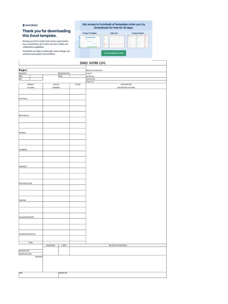 Daily Contractor Work Log Template | PDF