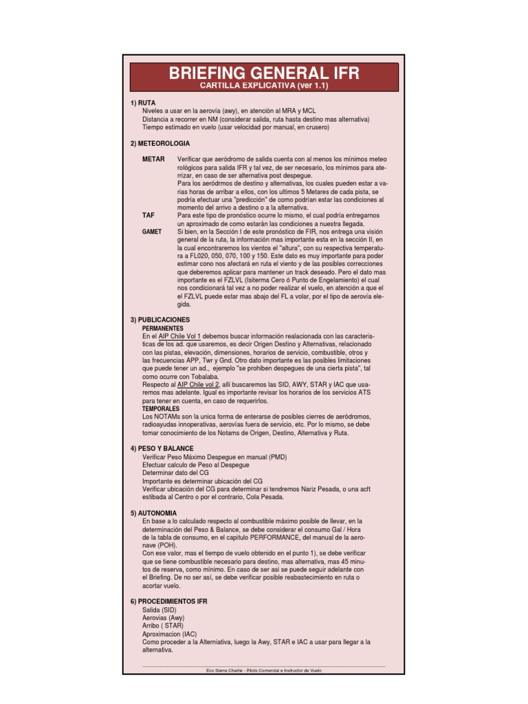 Check List Briefing General IFR Ver 1.1 | PDF | Reglas de vuelo por ...
