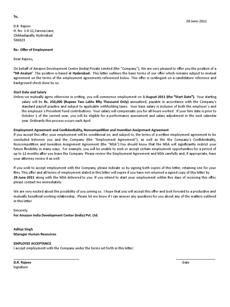 D R Rajeev Offer Letter Non Disclosure Agreement Employment