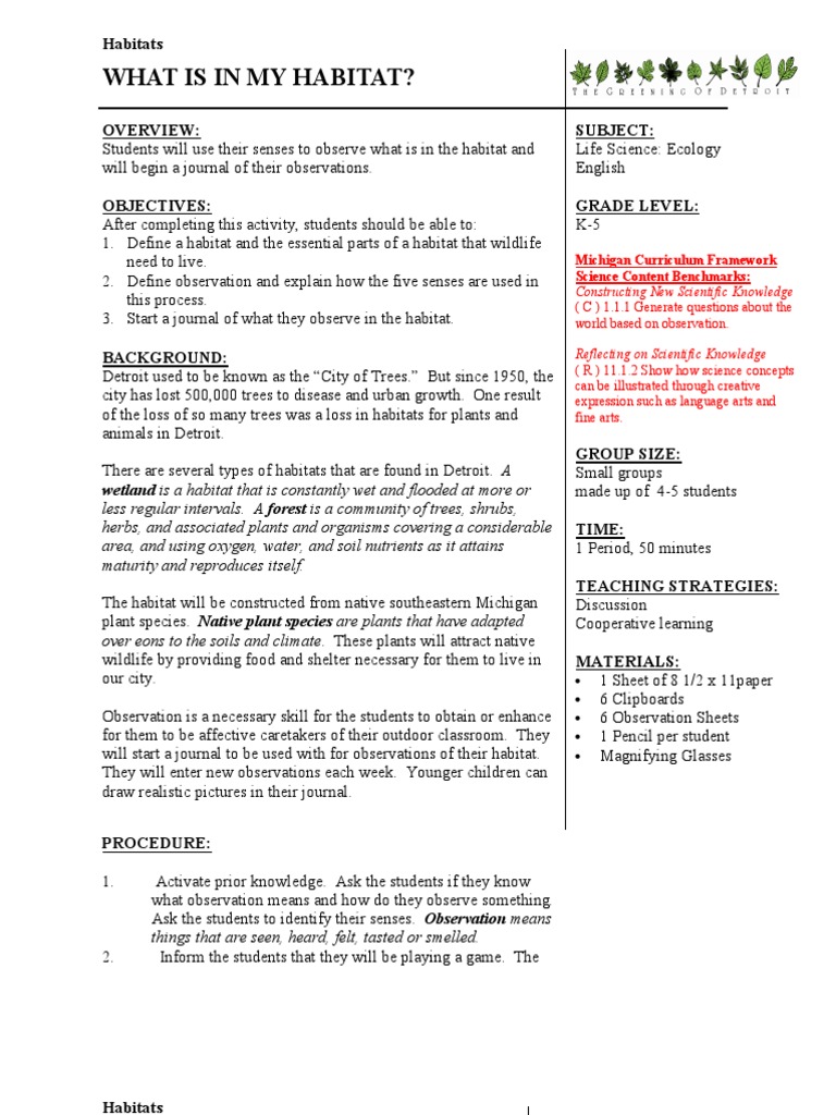 Teacher Lessons On Habitats PDF Habitat Senses