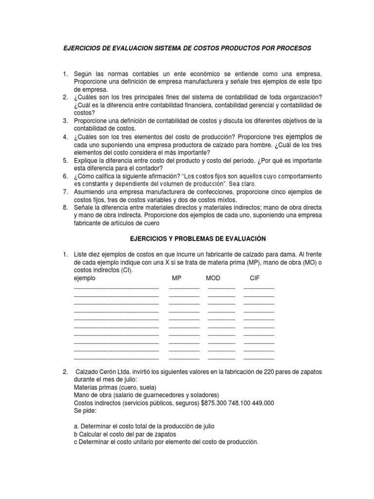 Ejercicios de Costos en Empresas Manufactureras | PDF | Costo ...