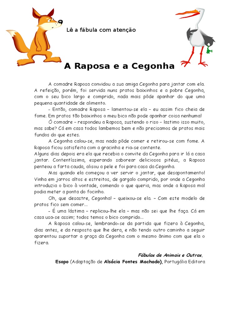 A Raposa e a Cegonha fábula e FT