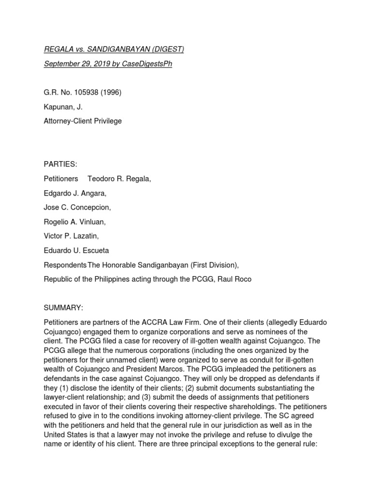 Angara vs sandiganbayan case digest pdf lawyer discovery law 