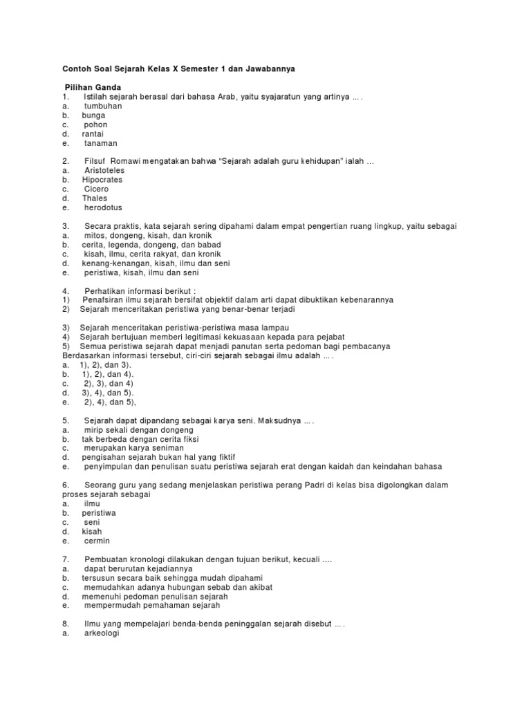 Contoh Soal Sejarah Kelas X Semester 1 Dan Jawabannya