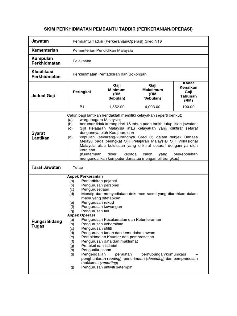 Ringkasan Perkhidmatan Dan Skop Tugas Ptpo N19 Pdf