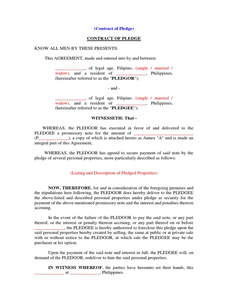 Contract of Pledge Agreement Philippines | PDF