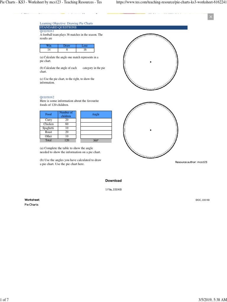 Pie Charts KS3 Worksheet by mcs123 Teaching Resources Tes PDF