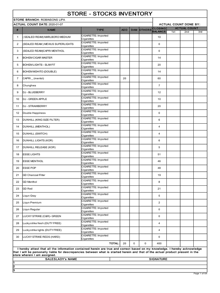 Store Inventory Actual PDF | PDF | Tobacco | Smoking