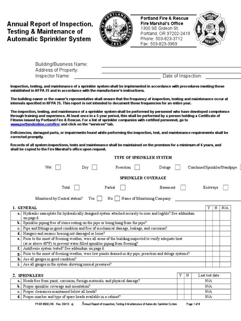 NFPA 25 Sprinkler Inspection Report | PDF | Fire Sprinkler System | Valve