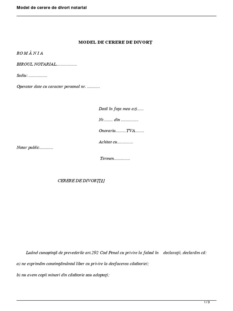Model de Cerere de Divort Notarial