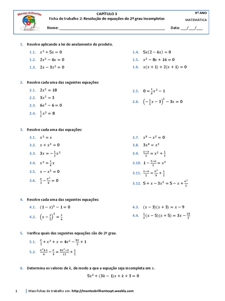 Equações do 2º Grau Incompletas - Exercícios | PDF | Equações | Objetos ...