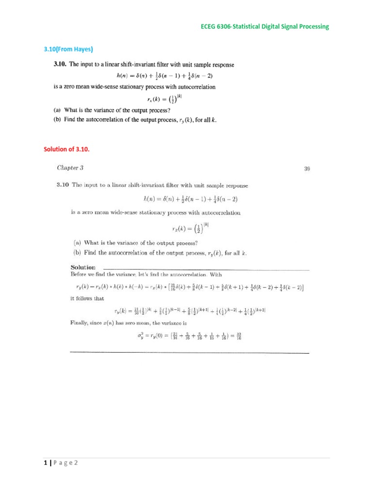 Solutions to Statistical Digital Signal Processing Problems on