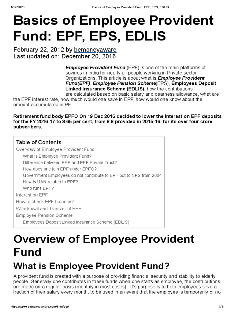 Basics of Employee Provident Fund - EPF, EPS, EDLIS PDF | PDF | Pension |  Personal Finance