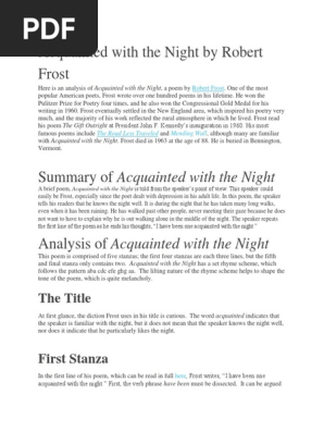 Acquainted With The Night By Robert Frost Pdf Poetry