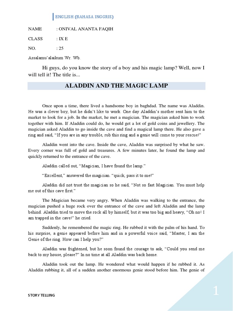 Story Telling Aladdin An The Magic Lamp | PDF