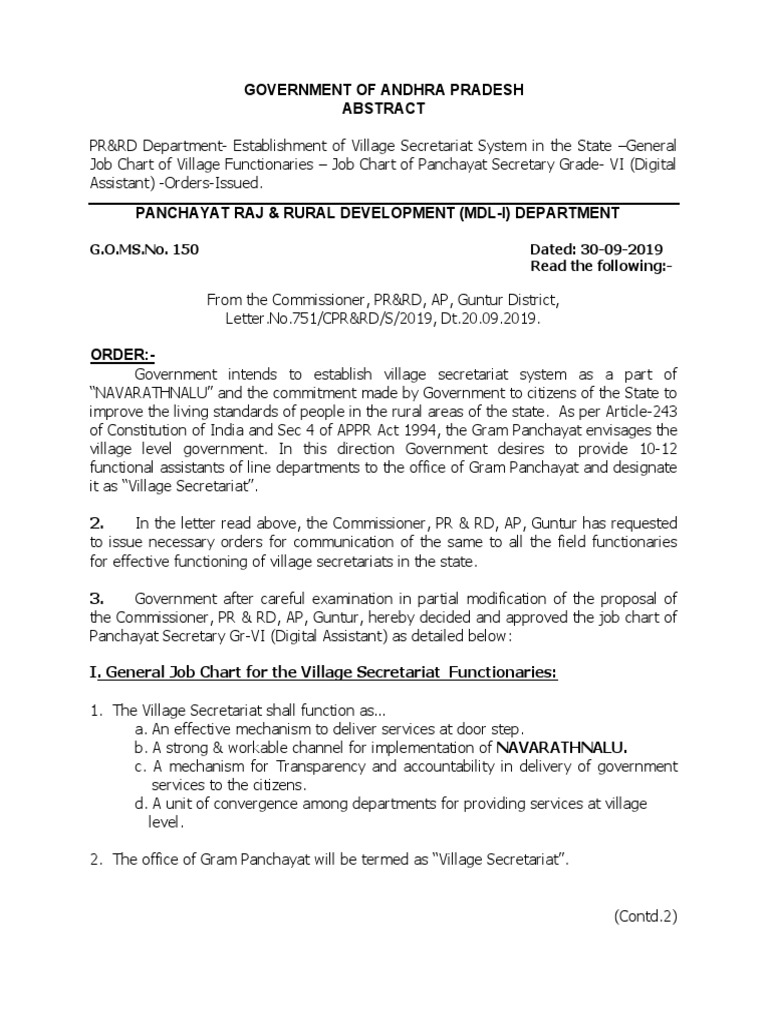 Digital Assistant Job Chart G.O.MS No. 150 PDF Secretary Cheque