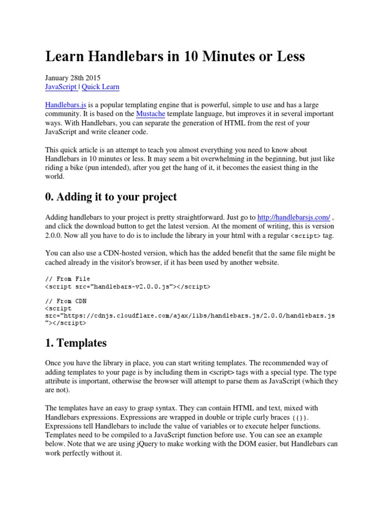 Learn Handlebars in 10 Minutes or Less PDF Java Script Computer