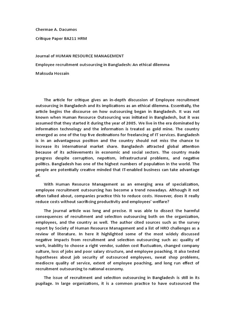Critique Paper Ba211 12 Nn Hrm Dacumos Doc Recruitment Outsourcing