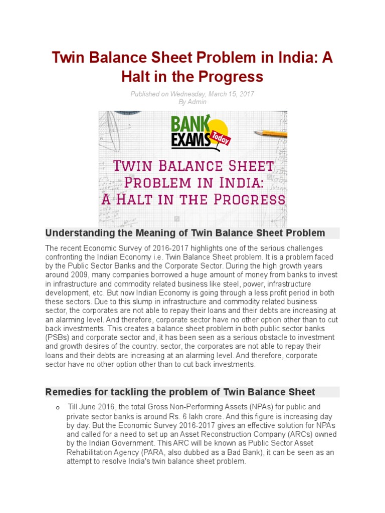 Twin Balance Sheet Problems in India PDF Balance Sheet Banks