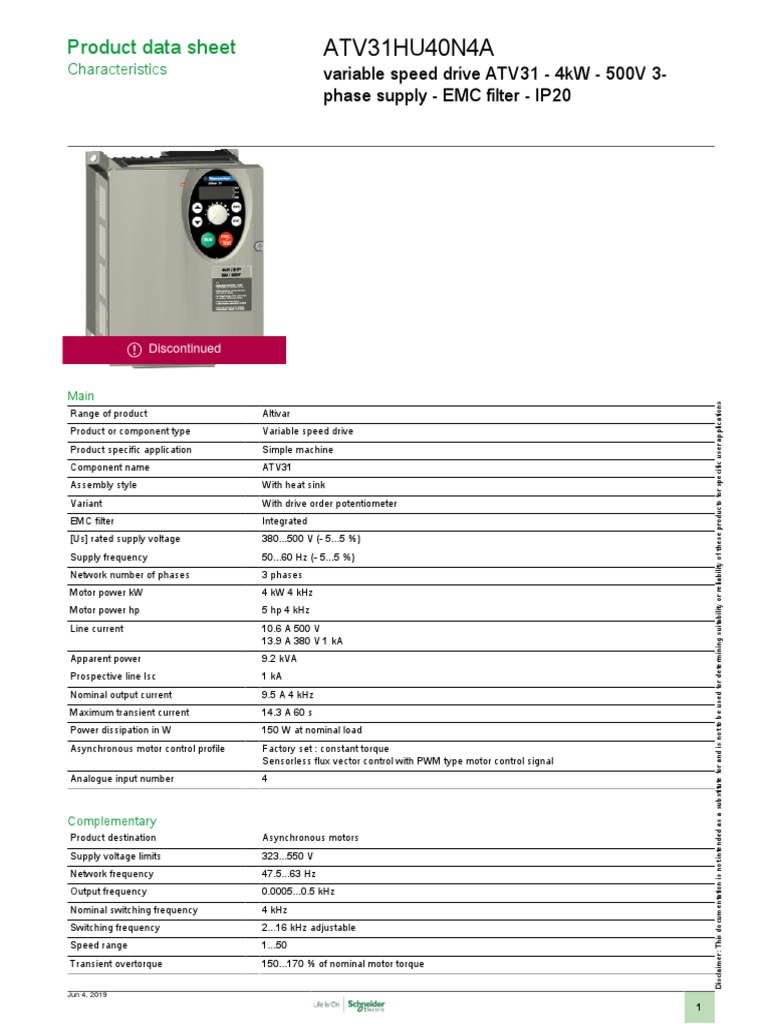 ATV31HU40N4A Variable Speed Drive Data | PDF | Electric Motor | Electricity