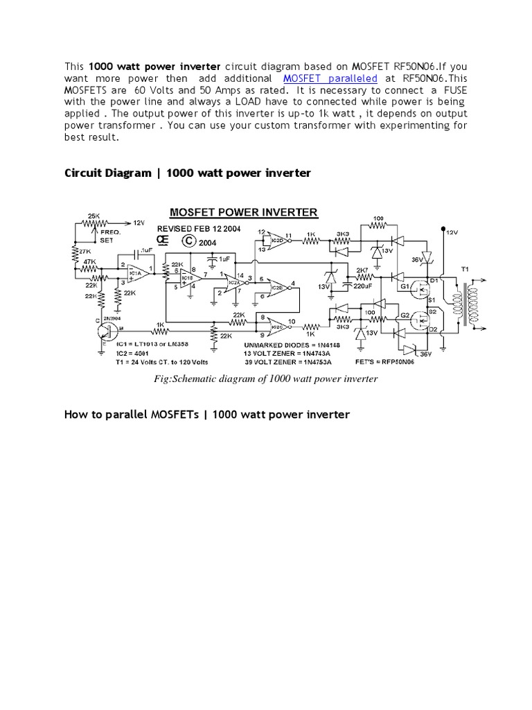 1000 Watt MOSFET Inverter Circuit Diagram | PDF