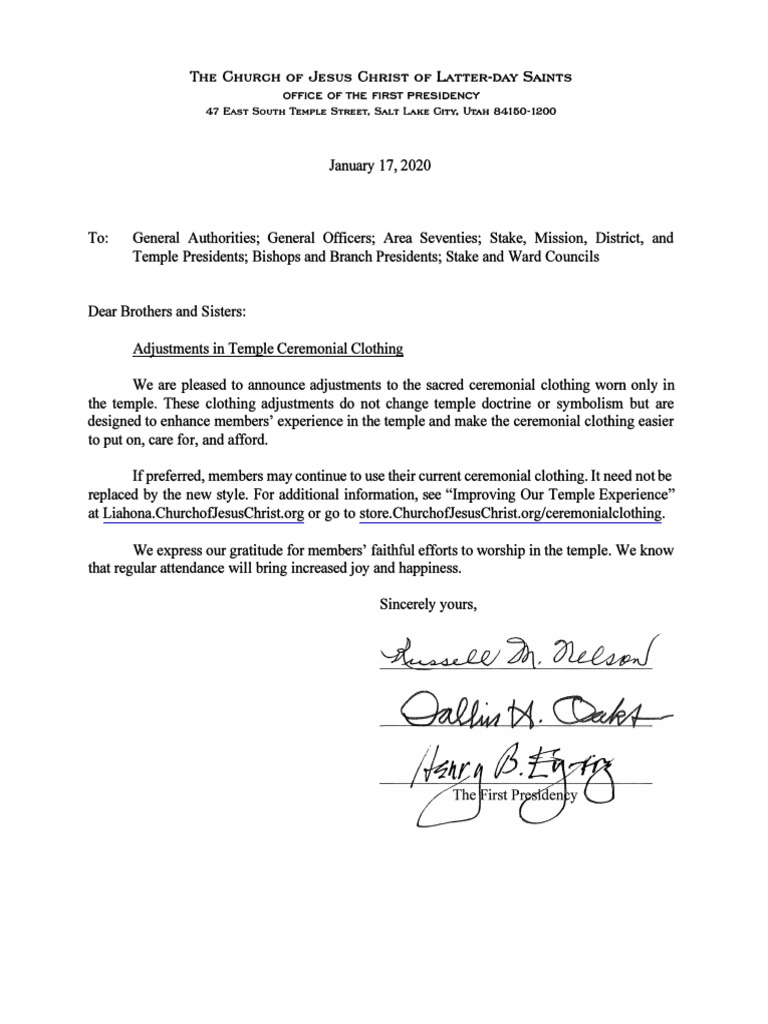 First Presidency Letter Temple Clothing 2020 January PDF The Church