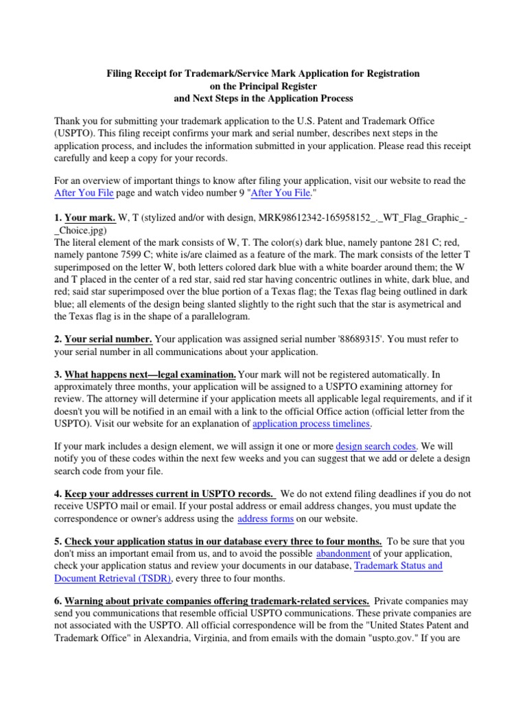 WT Flag Logo Trademark Application Filing Receipt | Download Free PDF ...